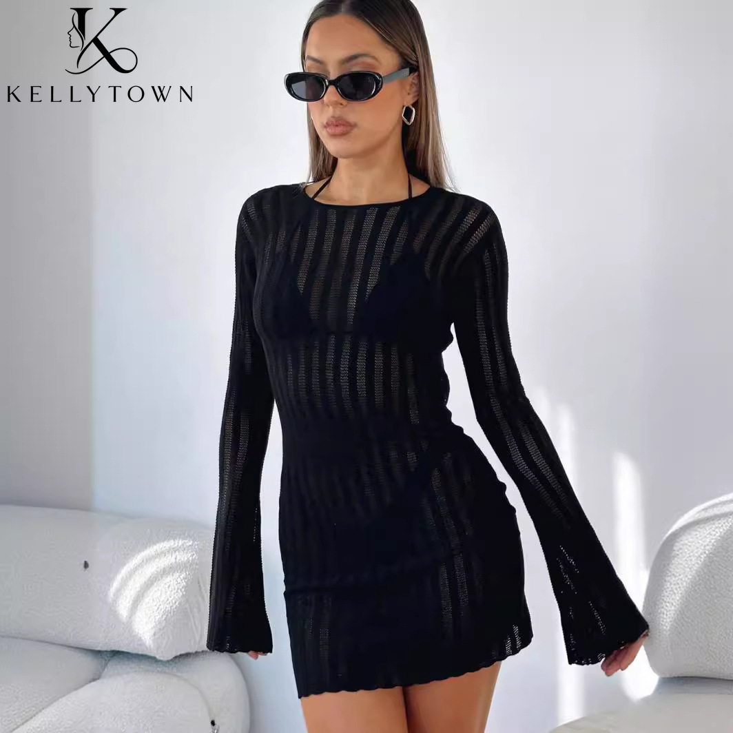Vestido Sem Costas Sexy de Mal - Bodycon Long Sleeve Ribbed Dress avaliação e preço