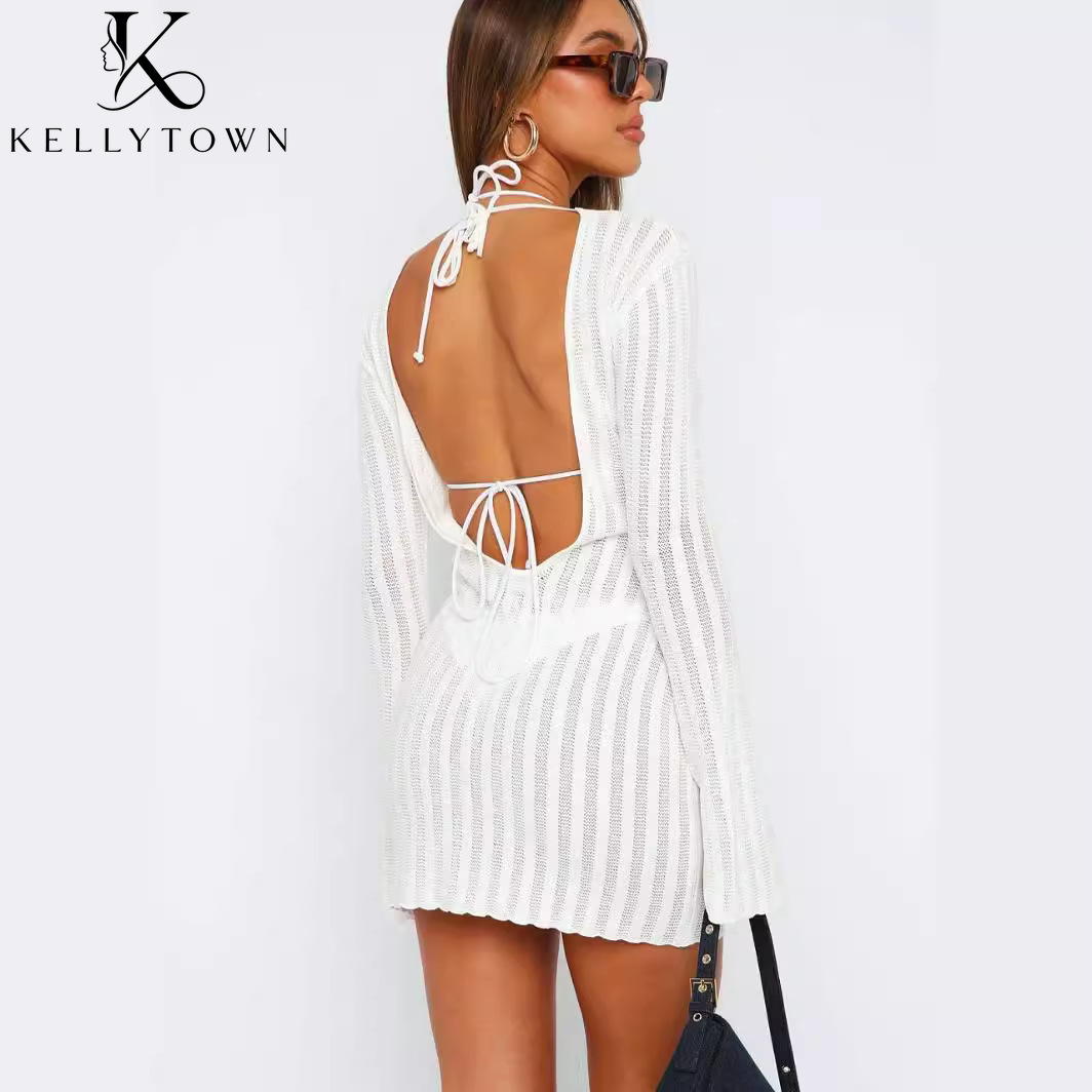 Vestido Sem Costas Sexy de Mal - Bodycon Long Sleeve Ribbed Dress avaliação e preço
