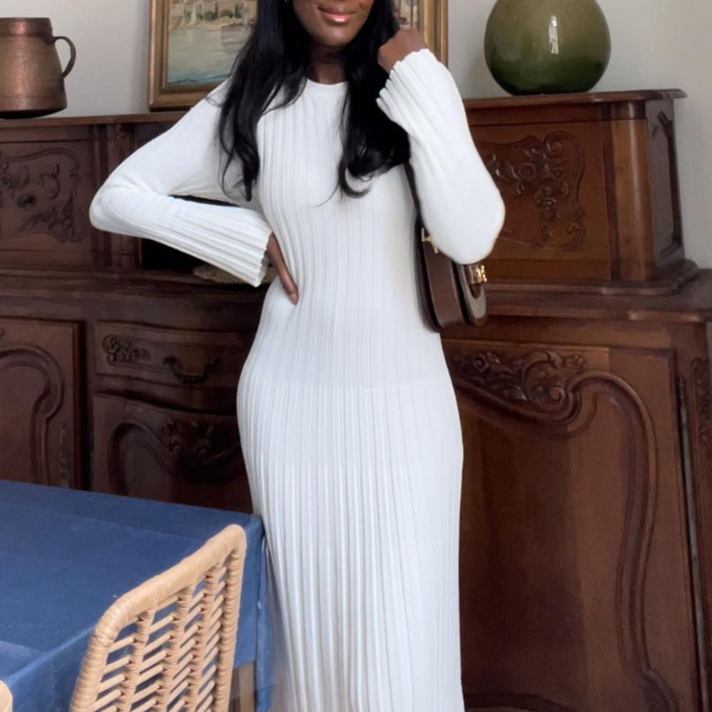 Vestido de Malha Canelada Femi - Bodycon Long Sleeve Ribbed Dress avaliação e preço