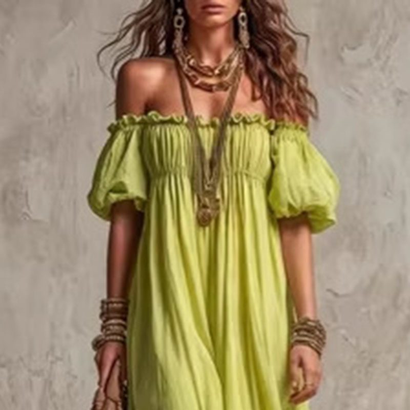 Vestido Casual de Verão para M - Off Shoulder Puff Sleeve Sundress avaliação e preço