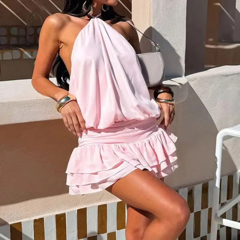 Bandagem sólida elegante halte - Y2K Backless Halter Mini Dress avaliação e preço