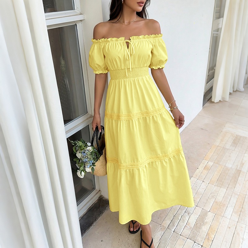 Vestido Maxi Amarelo Boêmio de - Off Shoulder Puff Sleeve Sundress avaliação e preço