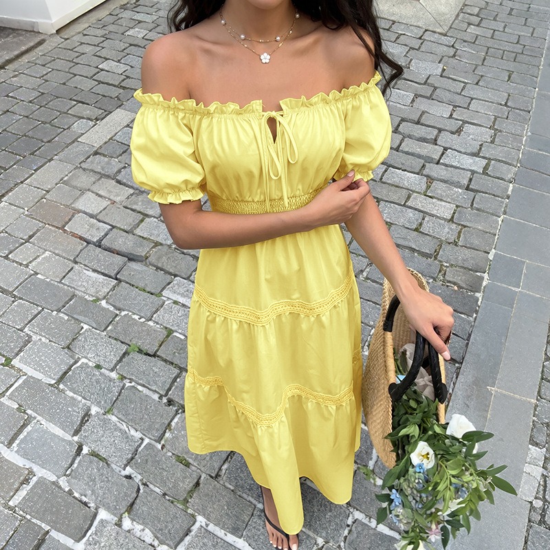 Vestido Maxi Amarelo Boêmio de - Off Shoulder Puff Sleeve Sundress avaliação e preço