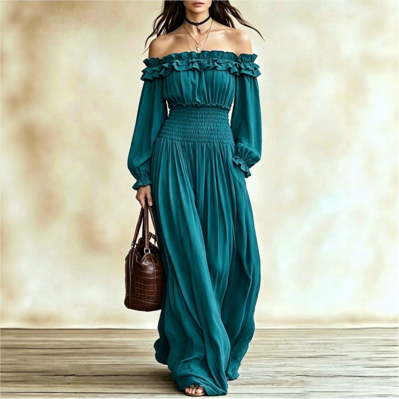 Vestidos Maxi de Moda com Ombr - Off Shoulder Puff Sleeve Sundress avaliação e preço