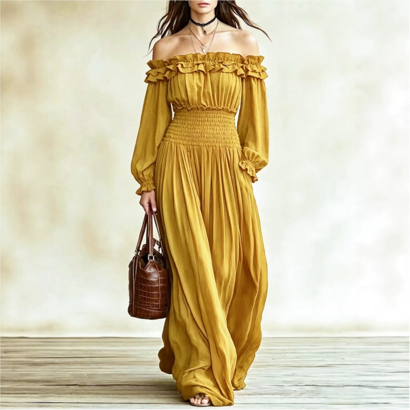 Vestidos Maxi de Moda com Ombr - Off Shoulder Puff Sleeve Sundress avaliação e preço