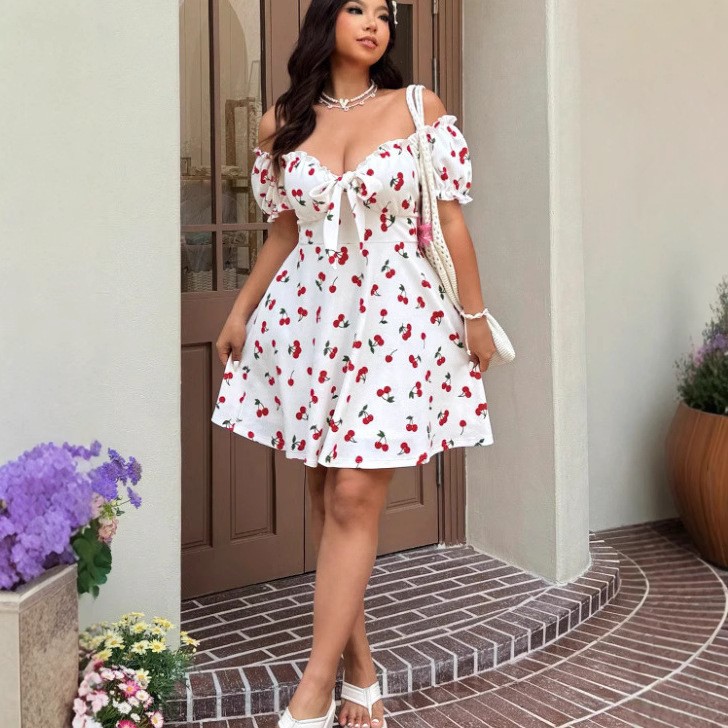 Vestido feminino de verão com  - Off Shoulder Puff Sleeve Sundress avaliação e preço