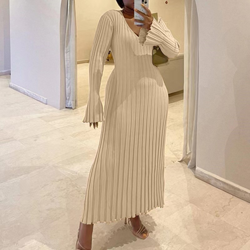 Mulher outono com decote em v  - Bodycon Long Sleeve Ribbed Dress avaliação e preço