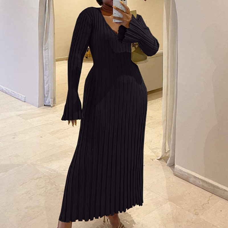 Mulher outono com decote em v  - Bodycon Long Sleeve Ribbed Dress avaliação e preço