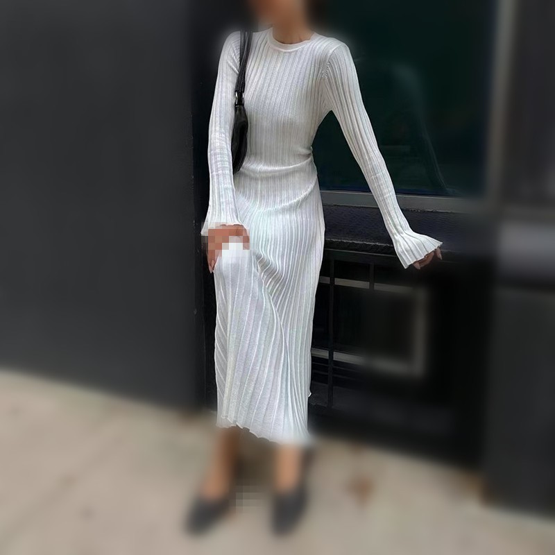 Mulher outono com decote em v  - Bodycon Long Sleeve Ribbed Dress avaliação e preço