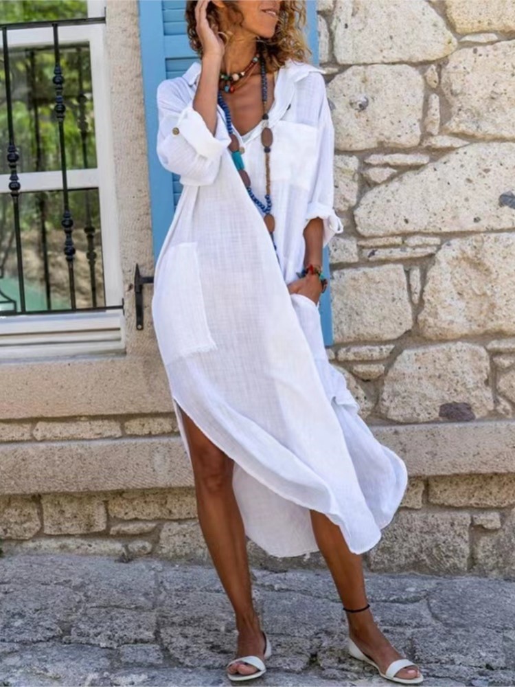 Vestido camisa feminina branca - Casual Loose Linen Shirt Dress avaliação e preço
