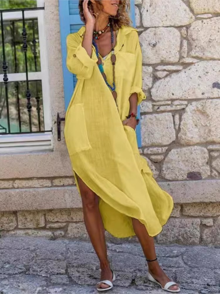Vestido camisa feminina branca - Casual Loose Linen Shirt Dress avaliação e preço