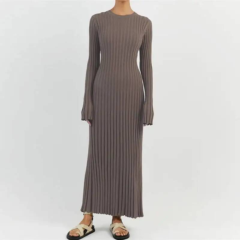 Vestido Maxi Elegante de Malha - Bodycon Long Sleeve Ribbed Dress avaliação e preço