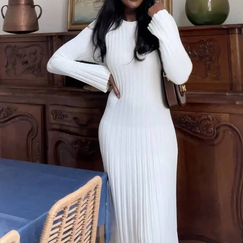Vestido Maxi Elegante de Malha - Bodycon Long Sleeve Ribbed Dress avaliação e preço