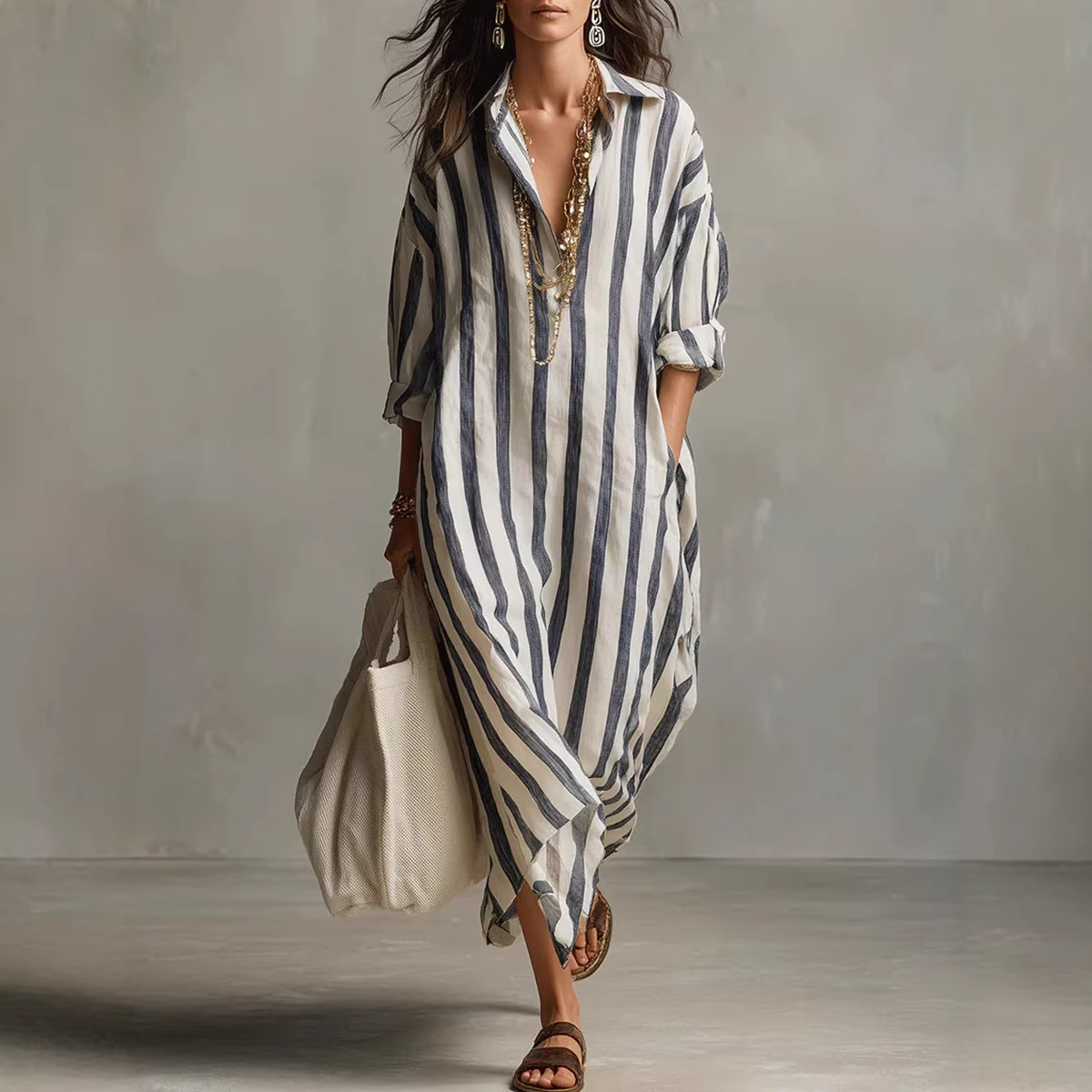 Vestido Longo Feminino Elegant - Casual Loose Linen Shirt Dress avaliação e preço