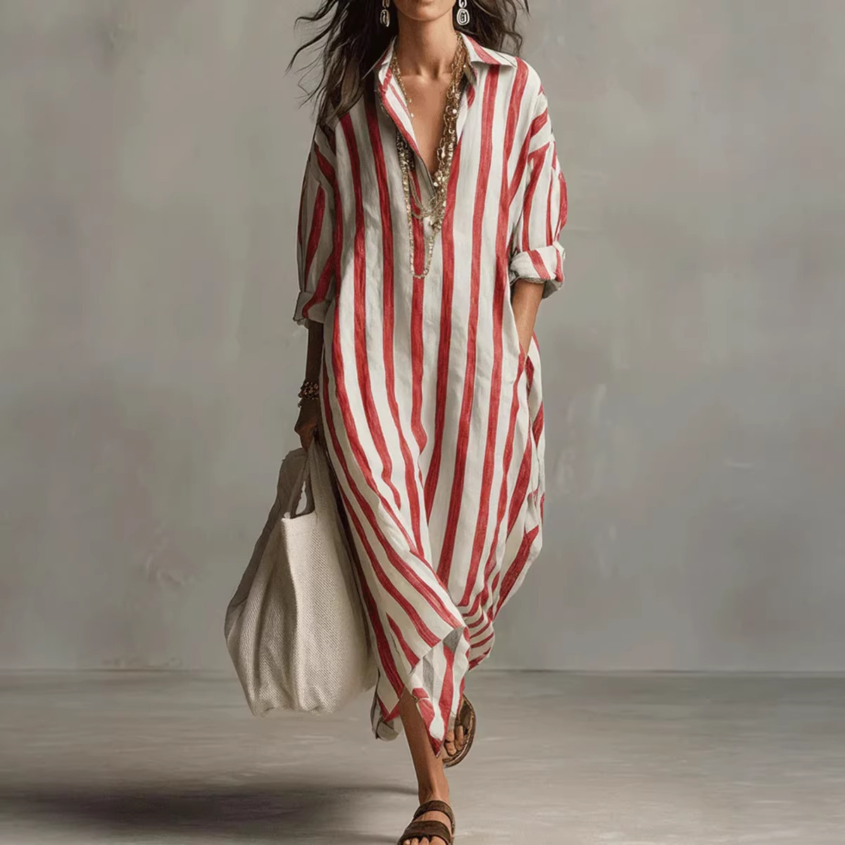 Vestido Longo Feminino Elegant - Casual Loose Linen Shirt Dress avaliação e preço