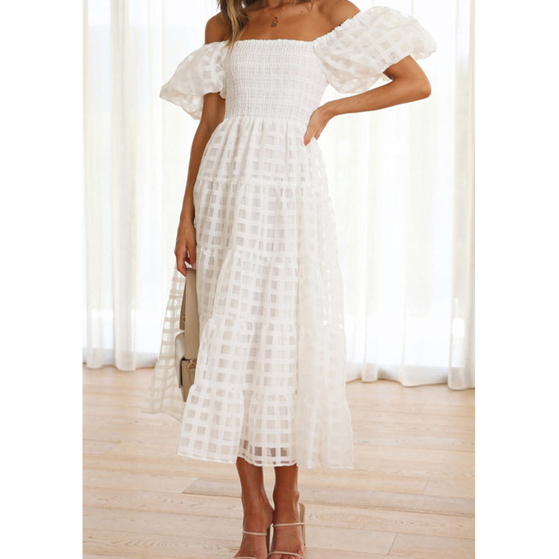 Elegante fora do ombro feminin - Off Shoulder Puff Sleeve Sundress avaliação e preço