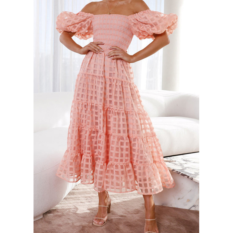 Elegante fora do ombro feminin - Off Shoulder Puff Sleeve Sundress avaliação e preço