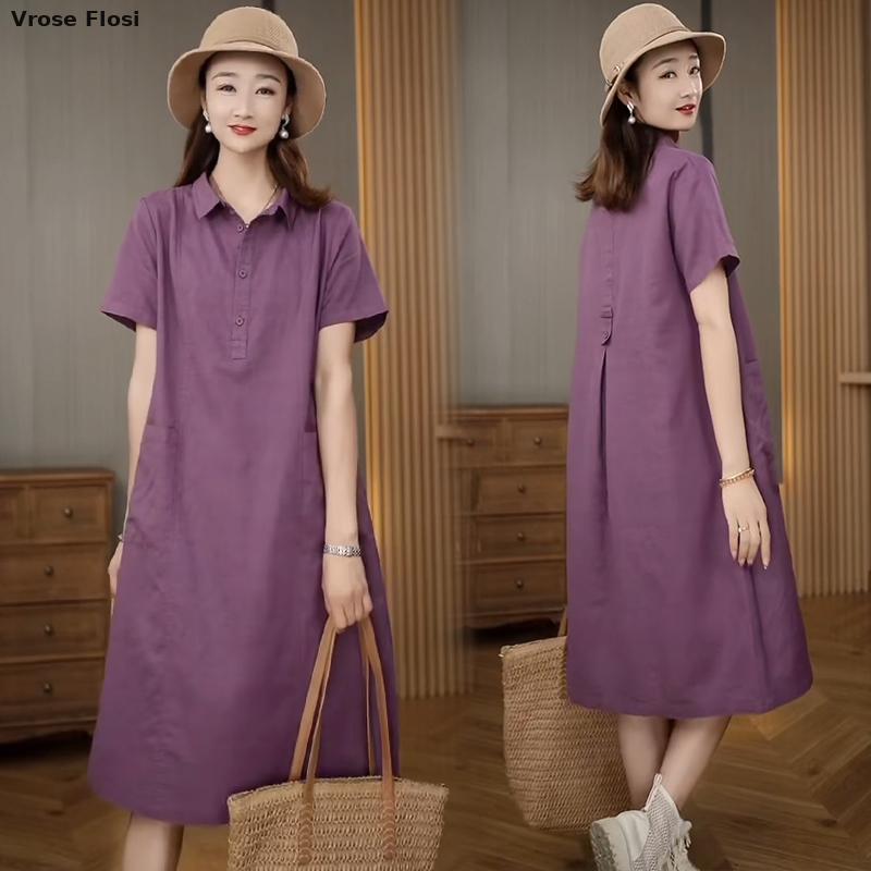 Vestido feminino camisa de lin - Casual Loose Linen Shirt Dress avaliação e preço